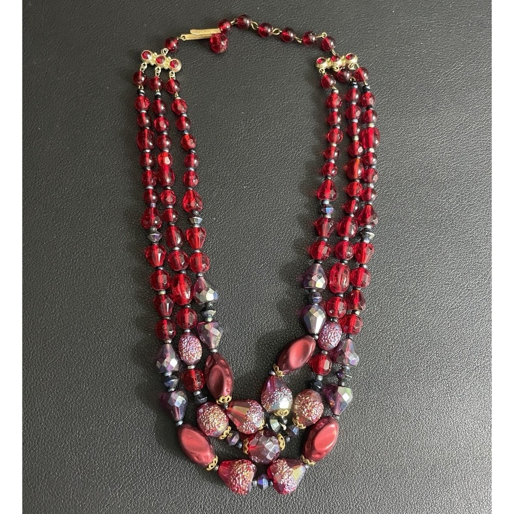 West Germany Strand Necklace Glass Bead AB 3 Strand Vintage Red Gold Tone Jewelr